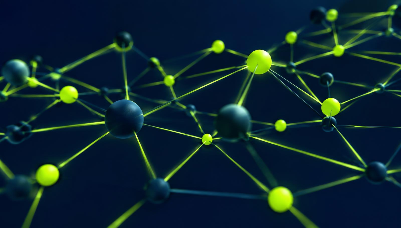 Abstract rendering of connected network nodes on a dark navy background